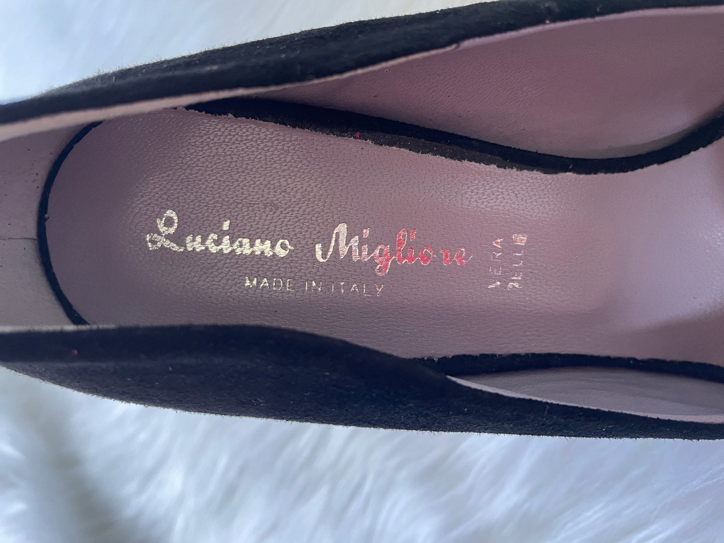 LUCIANO MIGLIORE Black Suede Stiletto Heels with Pink Flower, Size 39 EU