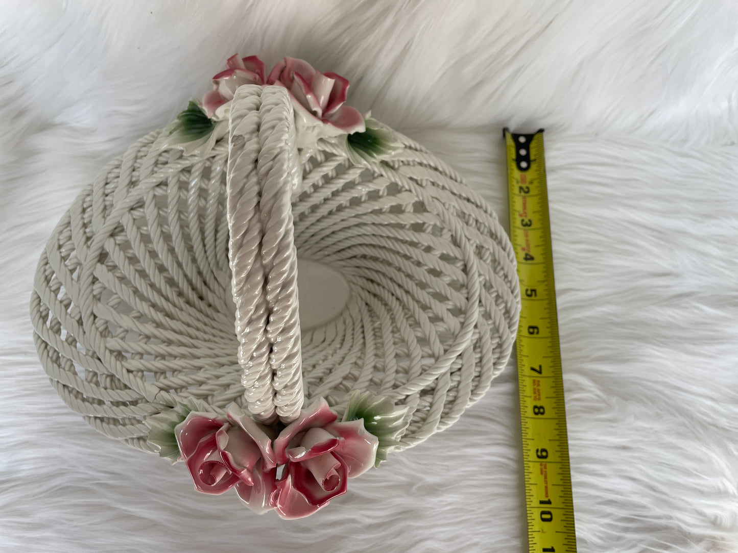 Porcelain Floral Motif Woven Basket Centerpiece with Pink Roses & Green Leaves