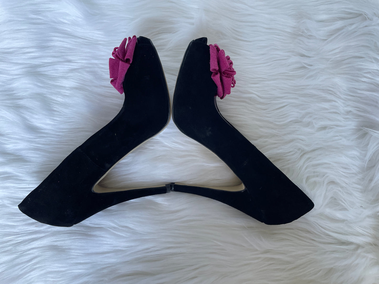 LUCIANO MIGLIORE Black Suede Stiletto Heels with Pink Flower, Size 39 EU