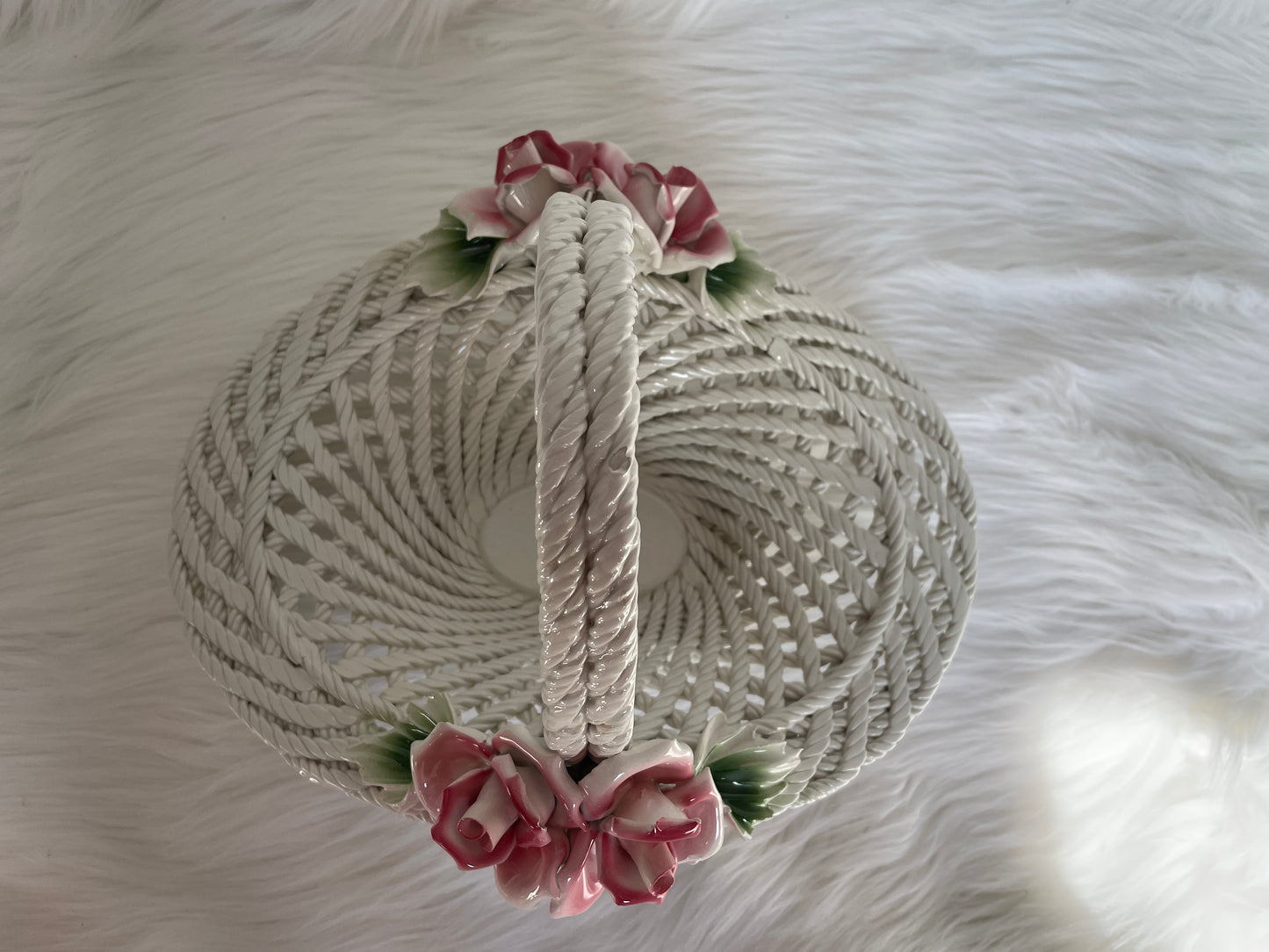 Porcelain Floral Motif Woven Basket Centerpiece with Pink Roses & Green Leaves