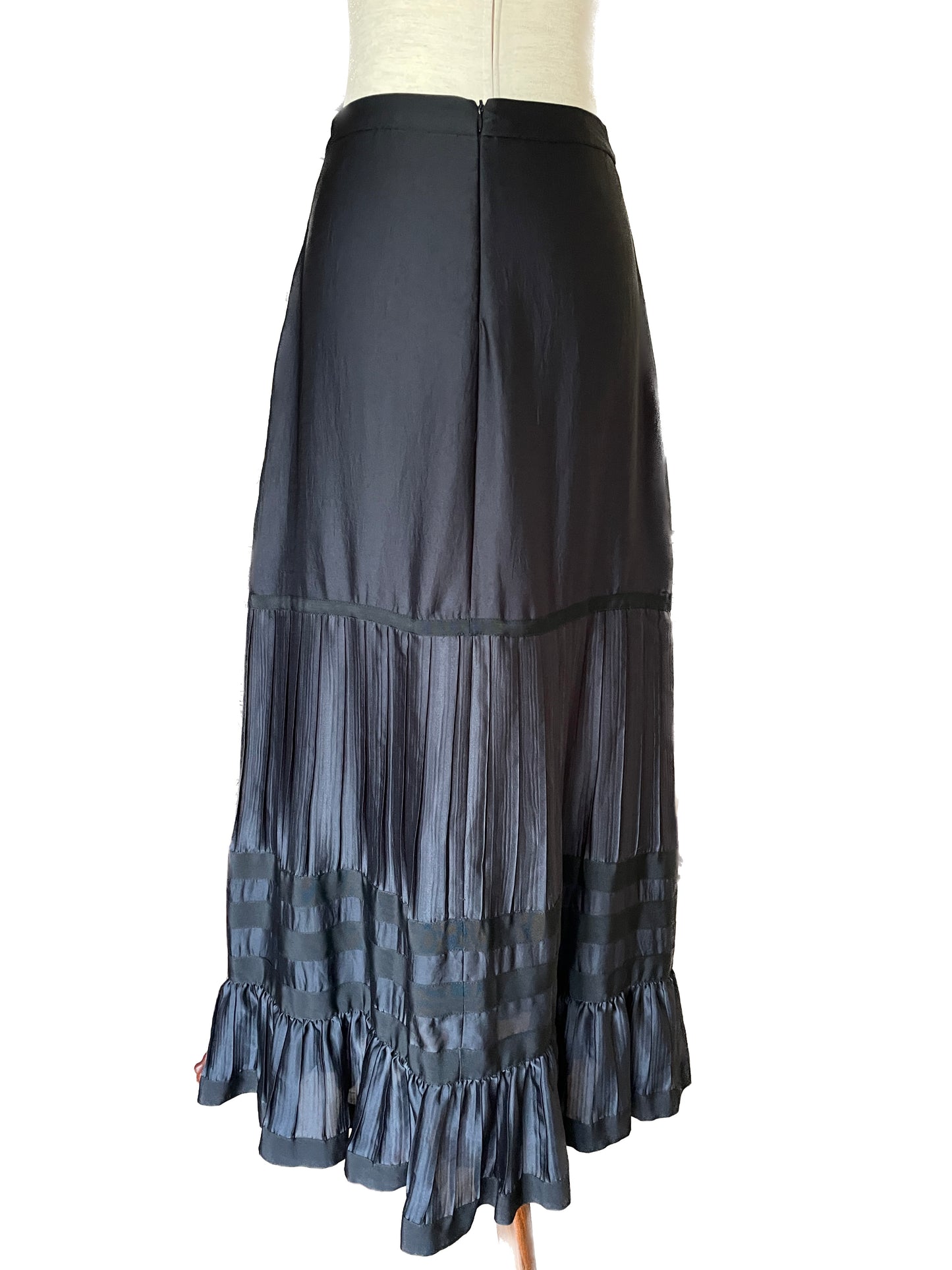 GIORGIO ARMANI Black Rayon Tiered Ribboned Ruffle Maxi Skirt, Size Medium