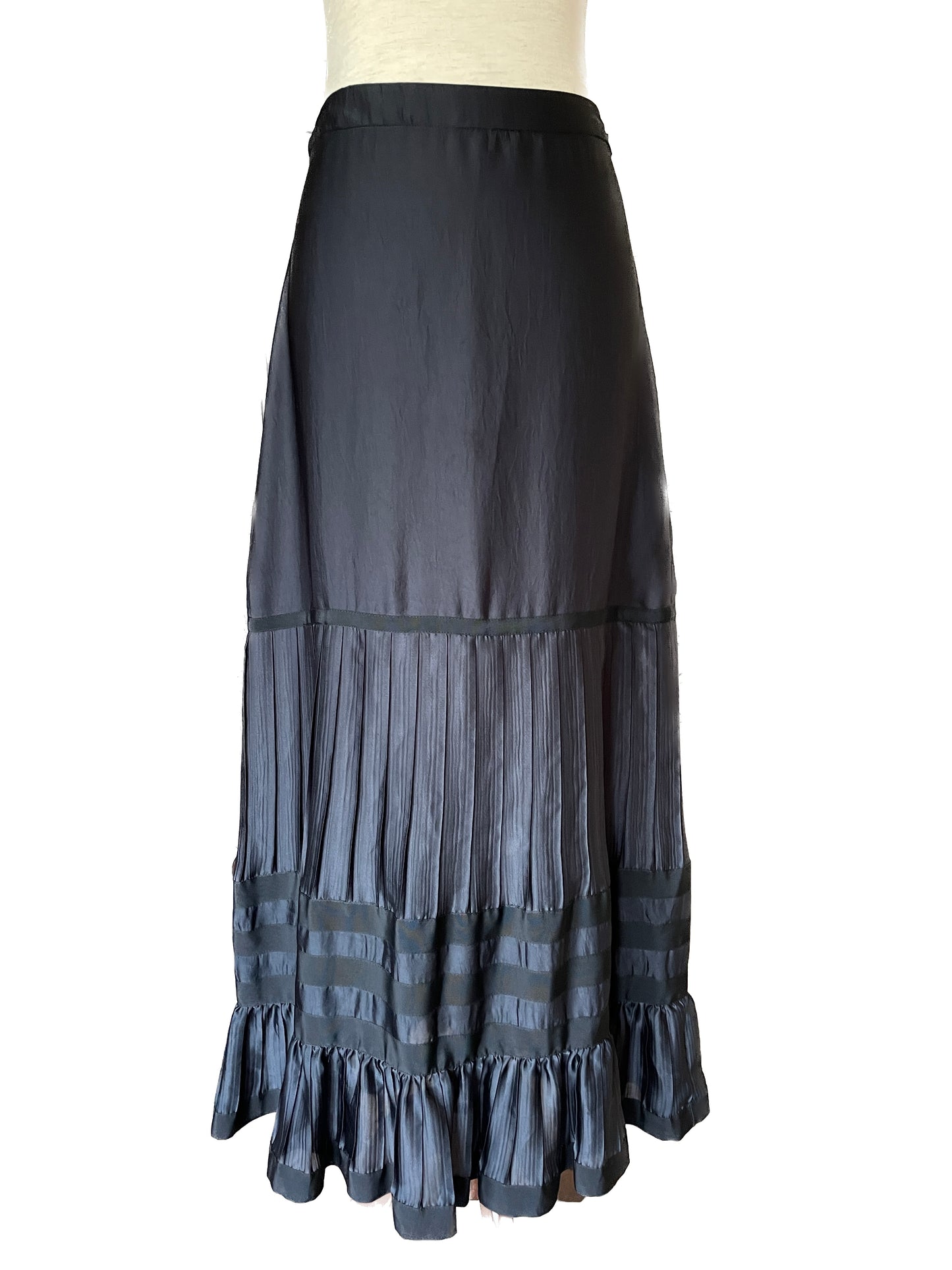 GIORGIO ARMANI Black Rayon Tiered Ribboned Ruffle Maxi Skirt, Size Medium