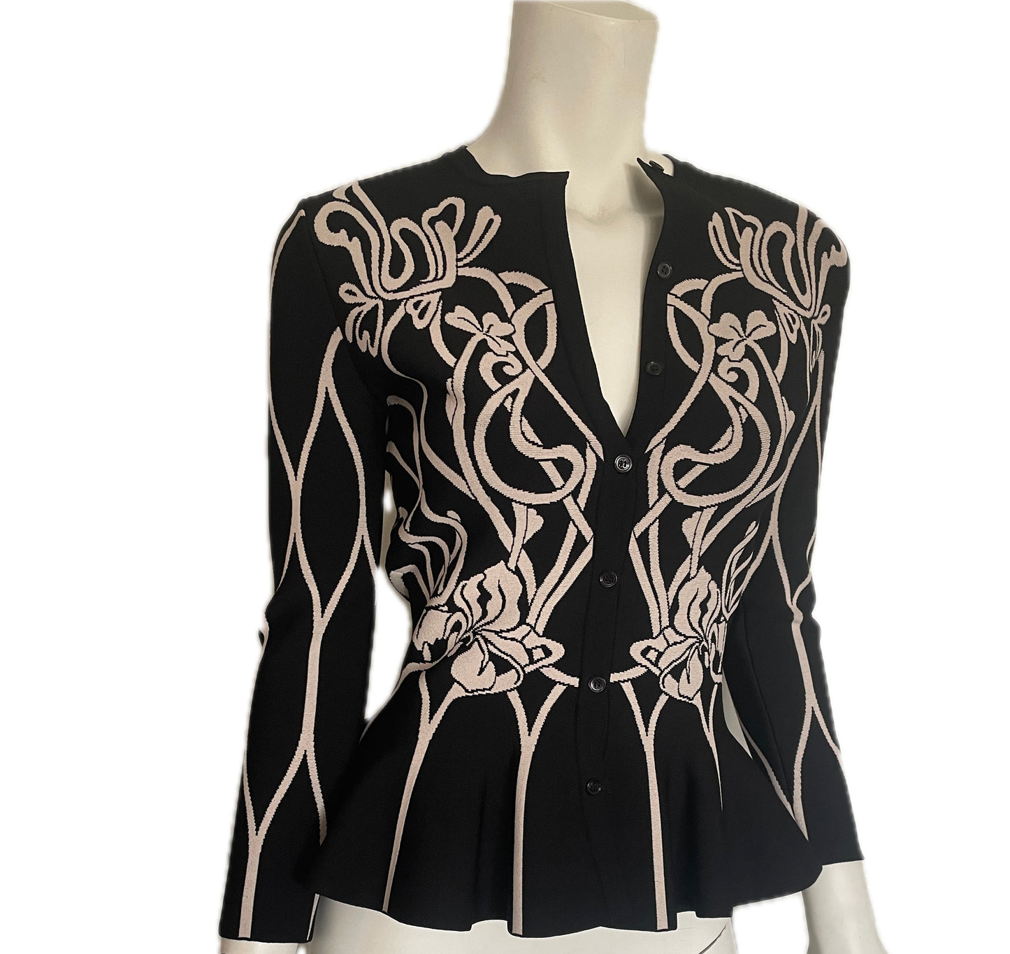 ALEXANDER MCQUEEN Black & White Floral Peplum Cardigan, Size Small