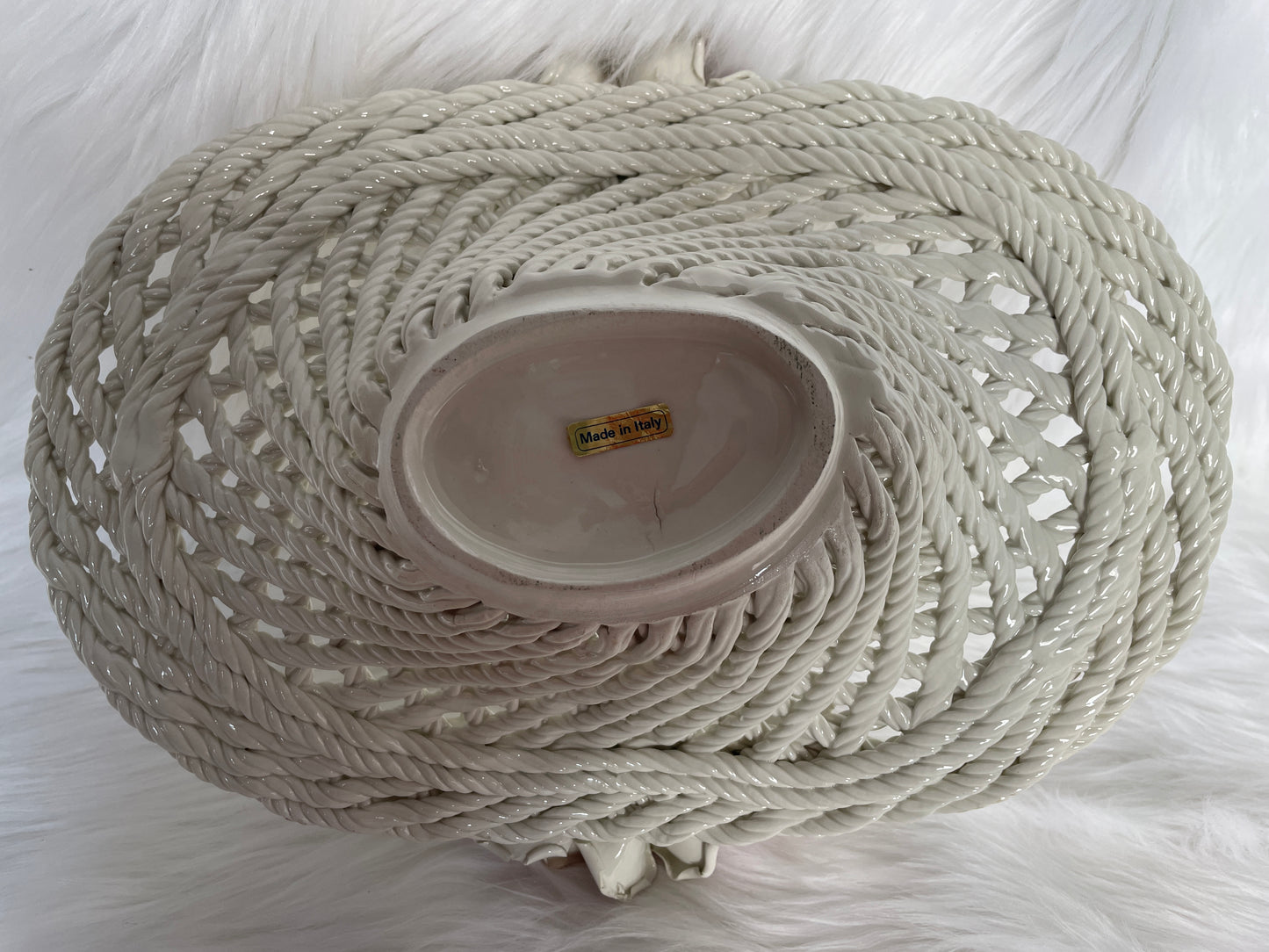 Porcelain Floral Motif Woven Basket Centerpiece with Pink Roses & Green Leaves