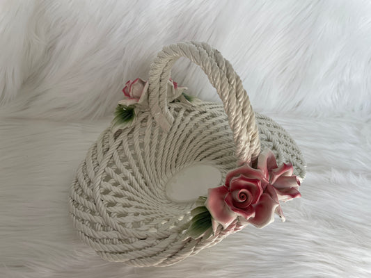 Porcelain Floral Motif Woven Basket Centerpiece with Pink Roses & Green Leaves