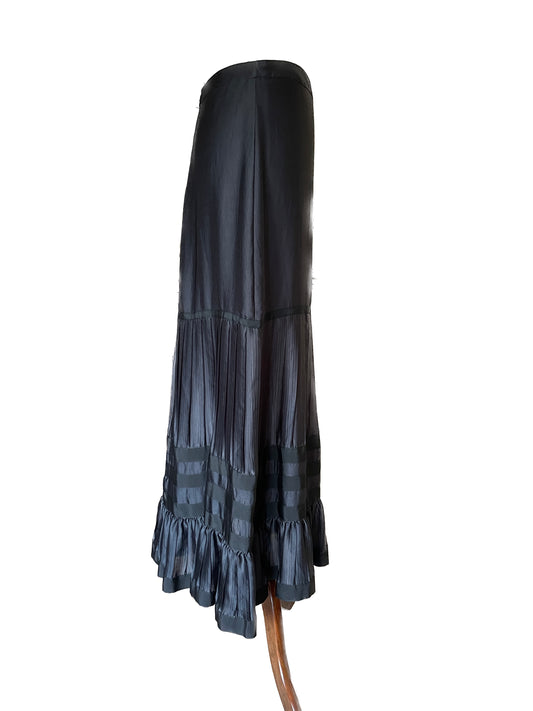 GIORGIO ARMANI Black Rayon Tiered Ribboned Ruffle Maxi Skirt, Size Medium