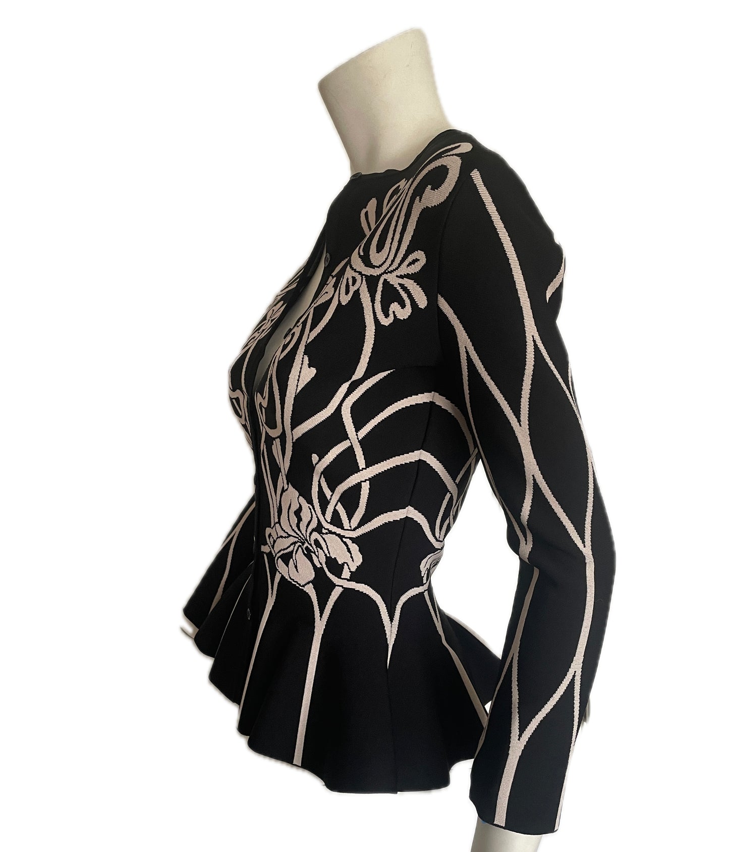 ALEXANDER MCQUEEN Black & White Floral Peplum Cardigan, Size Small