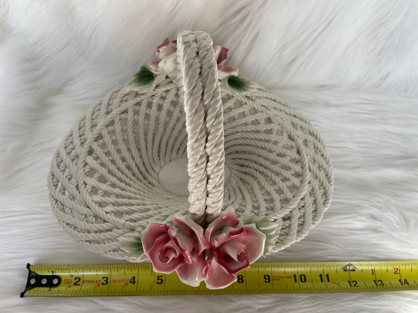 Porcelain Floral Motif Woven Basket Centerpiece with Pink Roses & Green Leaves