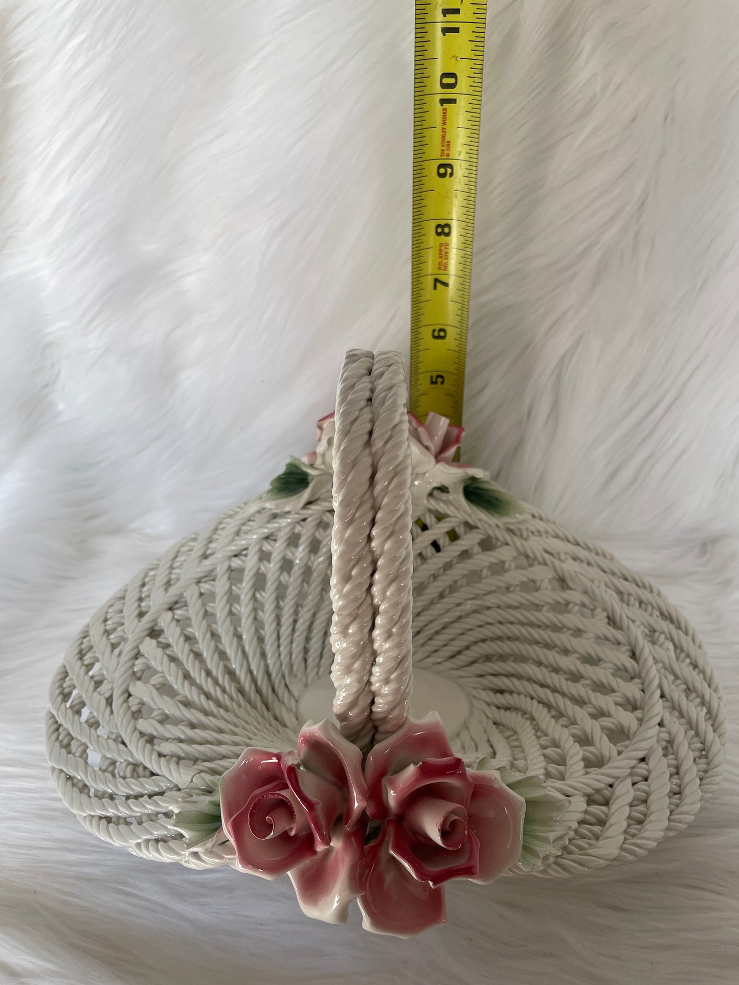 Porcelain Floral Motif Woven Basket Centerpiece with Pink Roses & Green Leaves