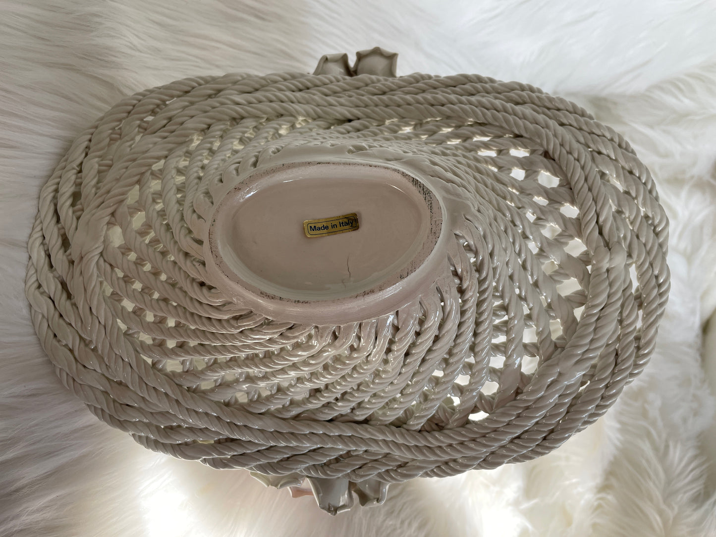 Porcelain Floral Motif Woven Basket Centerpiece with Pink Roses & Green Leaves