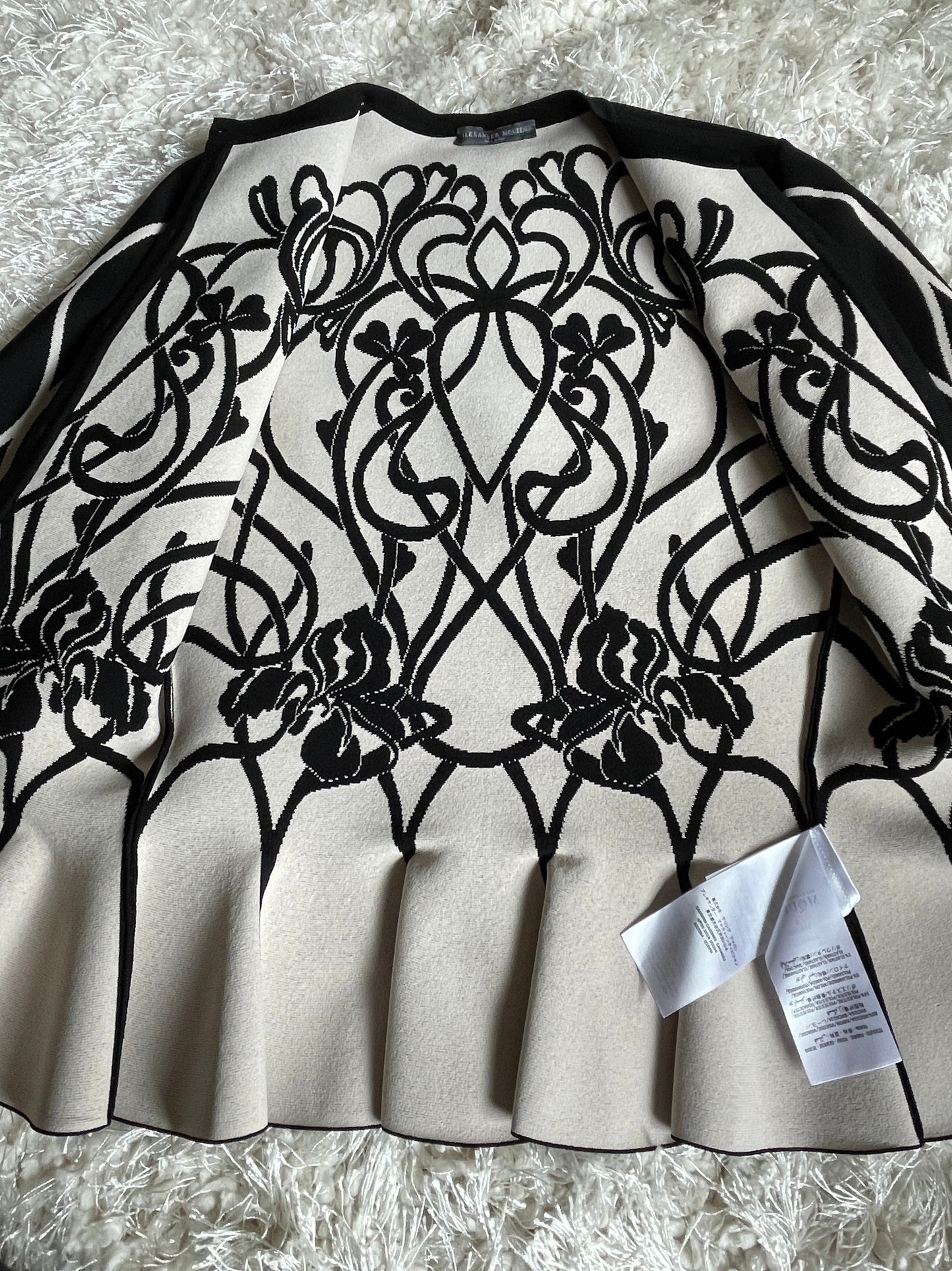 ALEXANDER MCQUEEN Black & White Floral Peplum Cardigan, Size Small