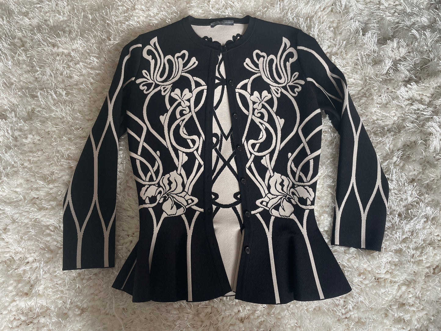 ALEXANDER MCQUEEN Black & White Floral Peplum Cardigan, Size Small
