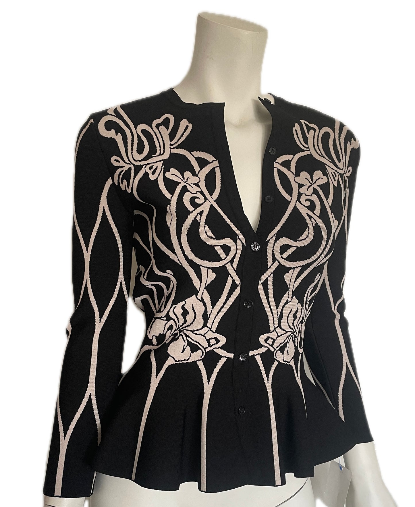 ALEXANDER MCQUEEN Black & White Floral Peplum Cardigan, Size Small
