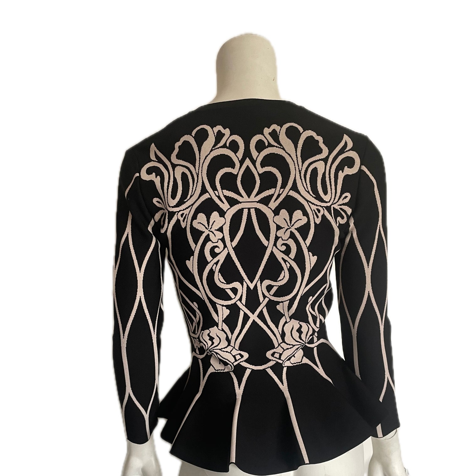 ALEXANDER MCQUEEN Black & White Floral Peplum Cardigan, Size Small