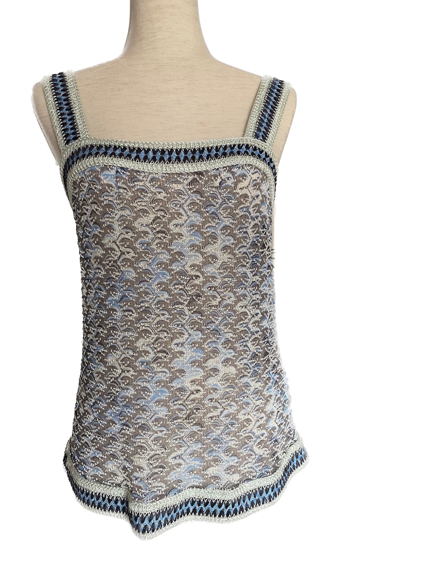 MISSONI Blue & Gray Crochet Tank Top, Size 42 EU