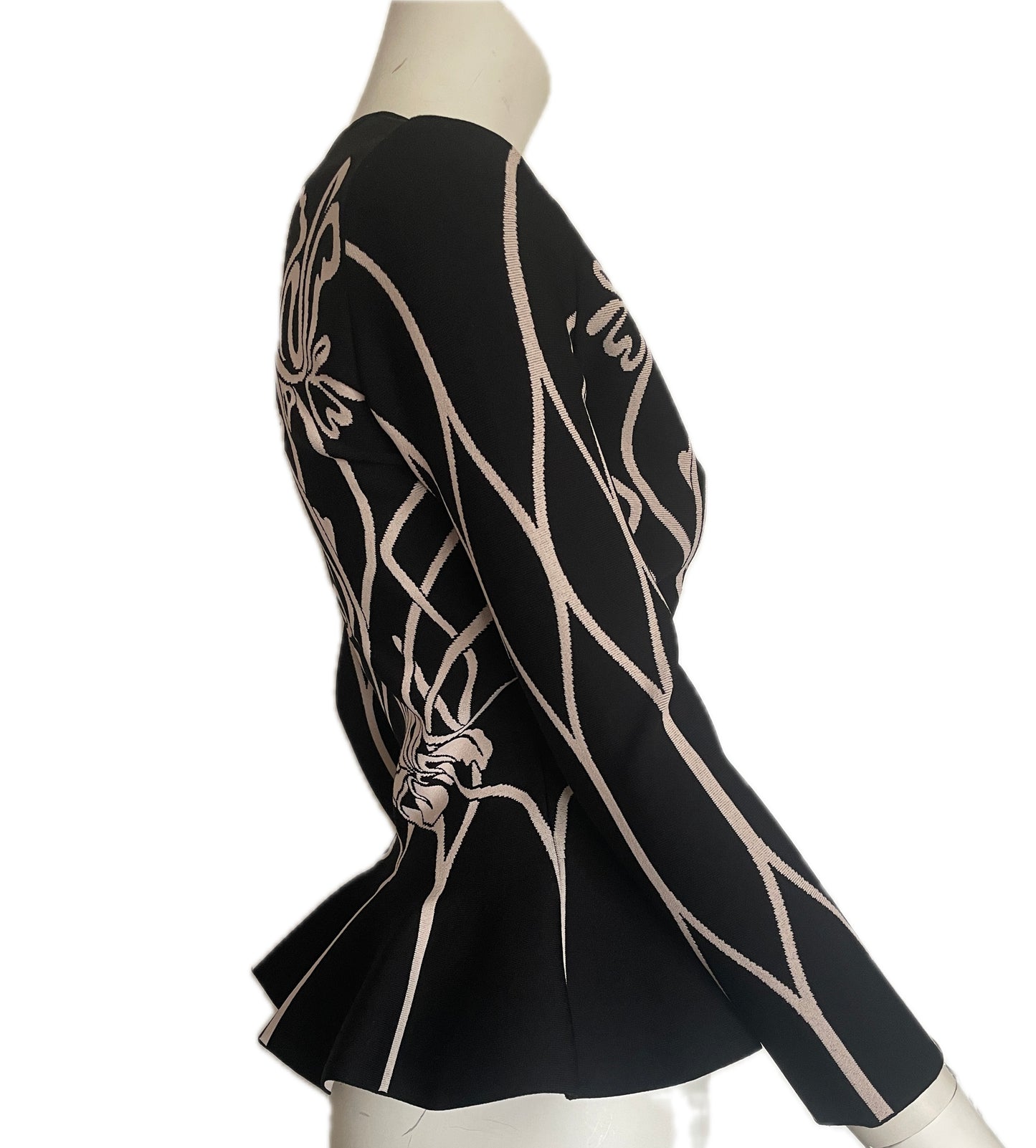 ALEXANDER MCQUEEN Black & White Floral Peplum Cardigan, Size Small