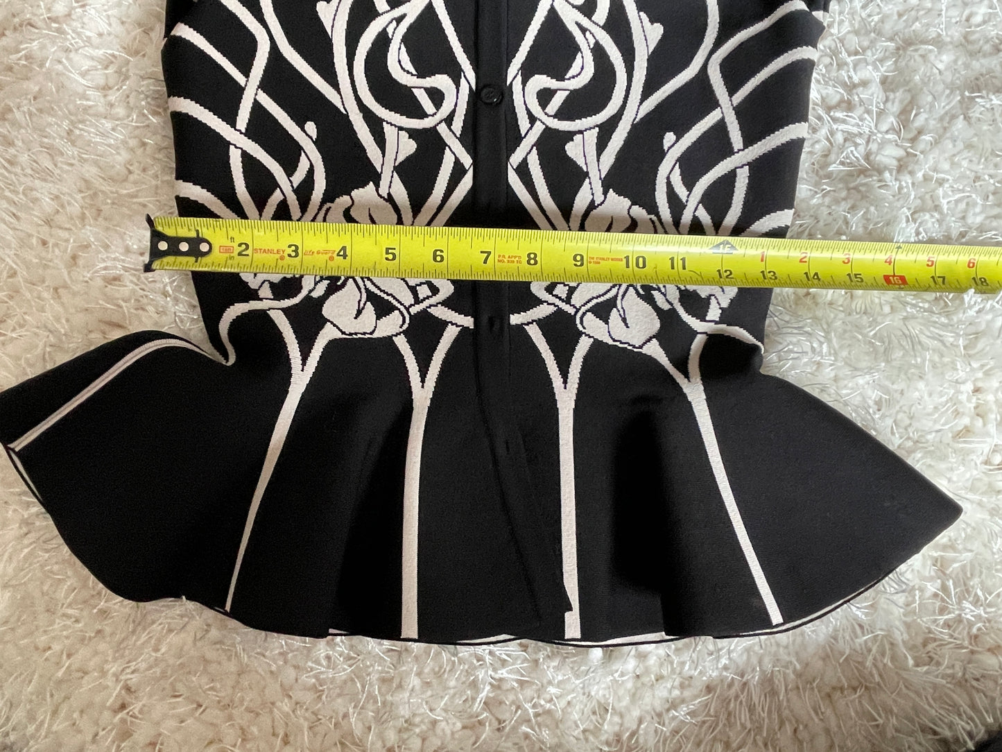 ALEXANDER MCQUEEN Black & White Floral Peplum Cardigan, Size Small