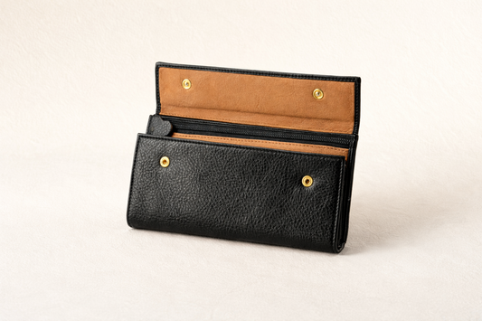 GIGLIODORO Black Calf Leather Tri-Fold Wallet, Made in Italy, Genuine Italian Leather