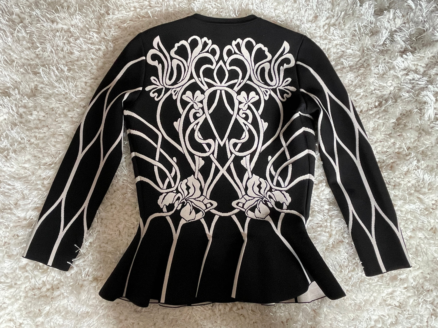 ALEXANDER MCQUEEN Black & White Floral Peplum Cardigan, Size Small