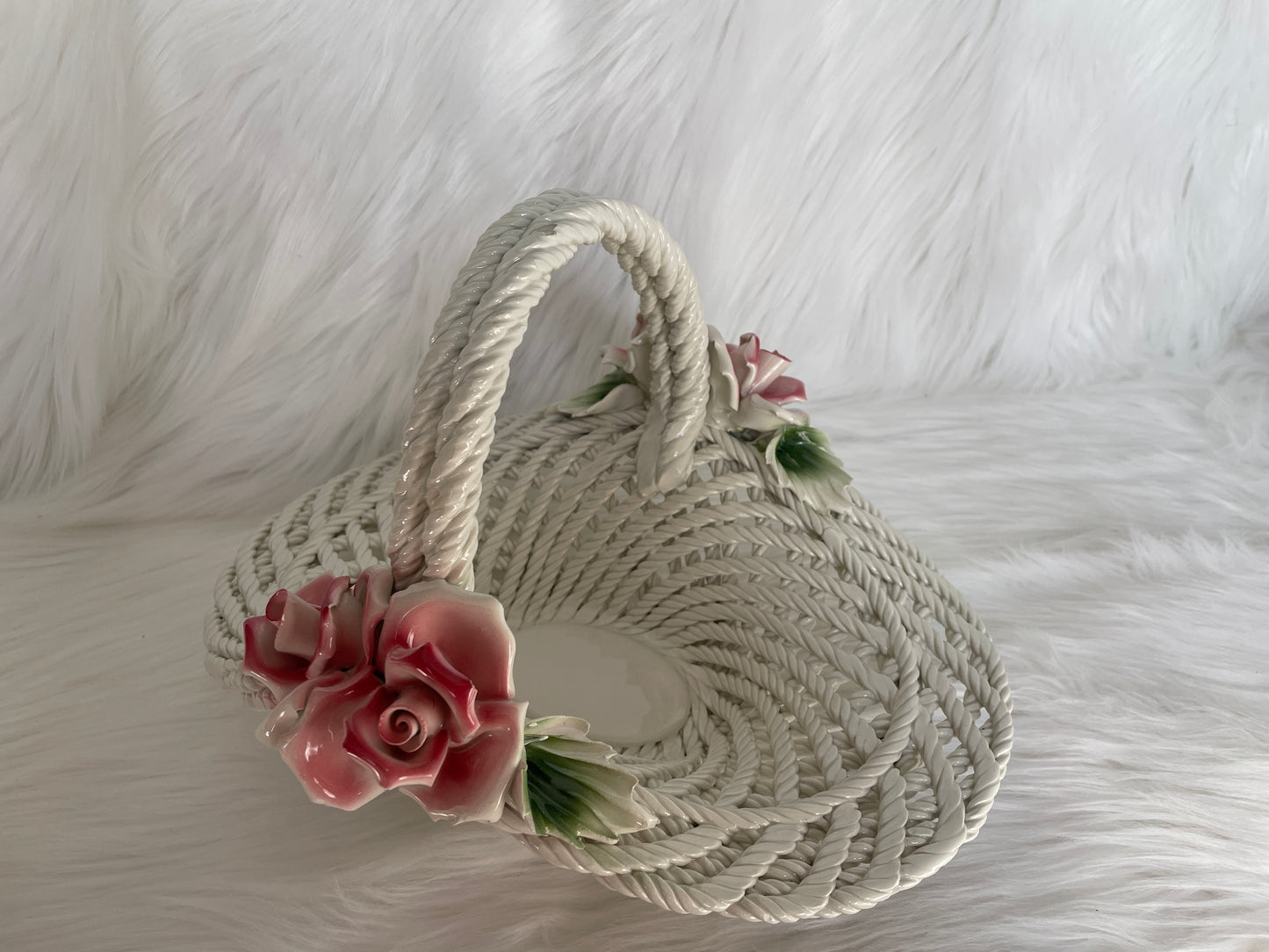 Porcelain Floral Motif Woven Basket Centerpiece with Pink Roses & Green Leaves