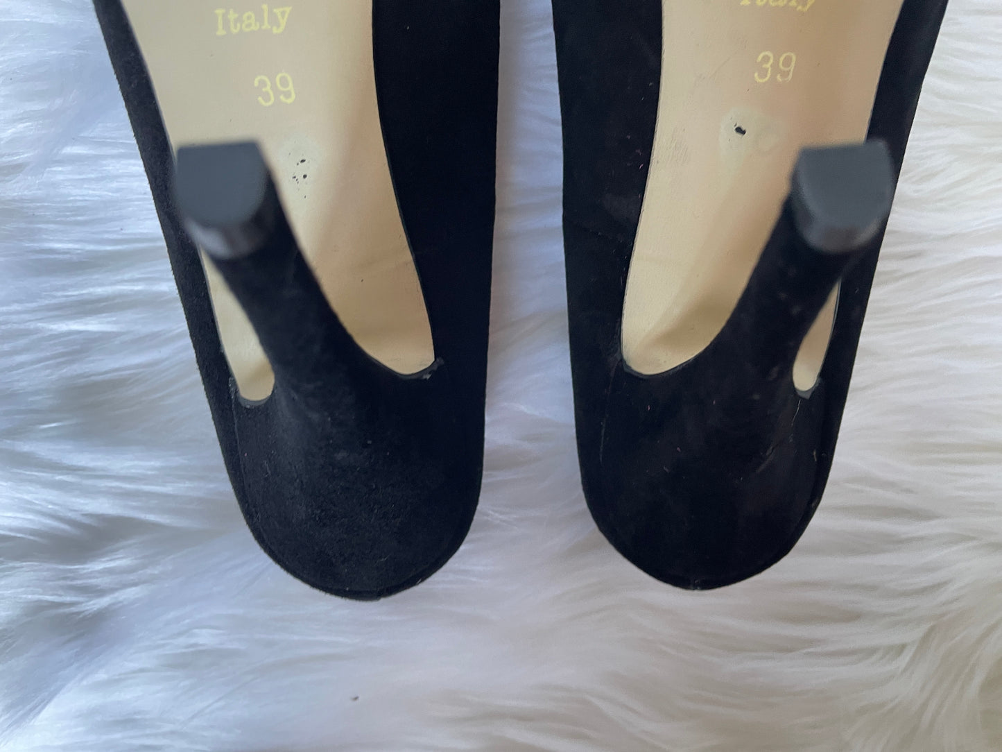 LUCIANO MIGLIORE Black Suede Stiletto Heels with Pink Flower, Size 39 EU