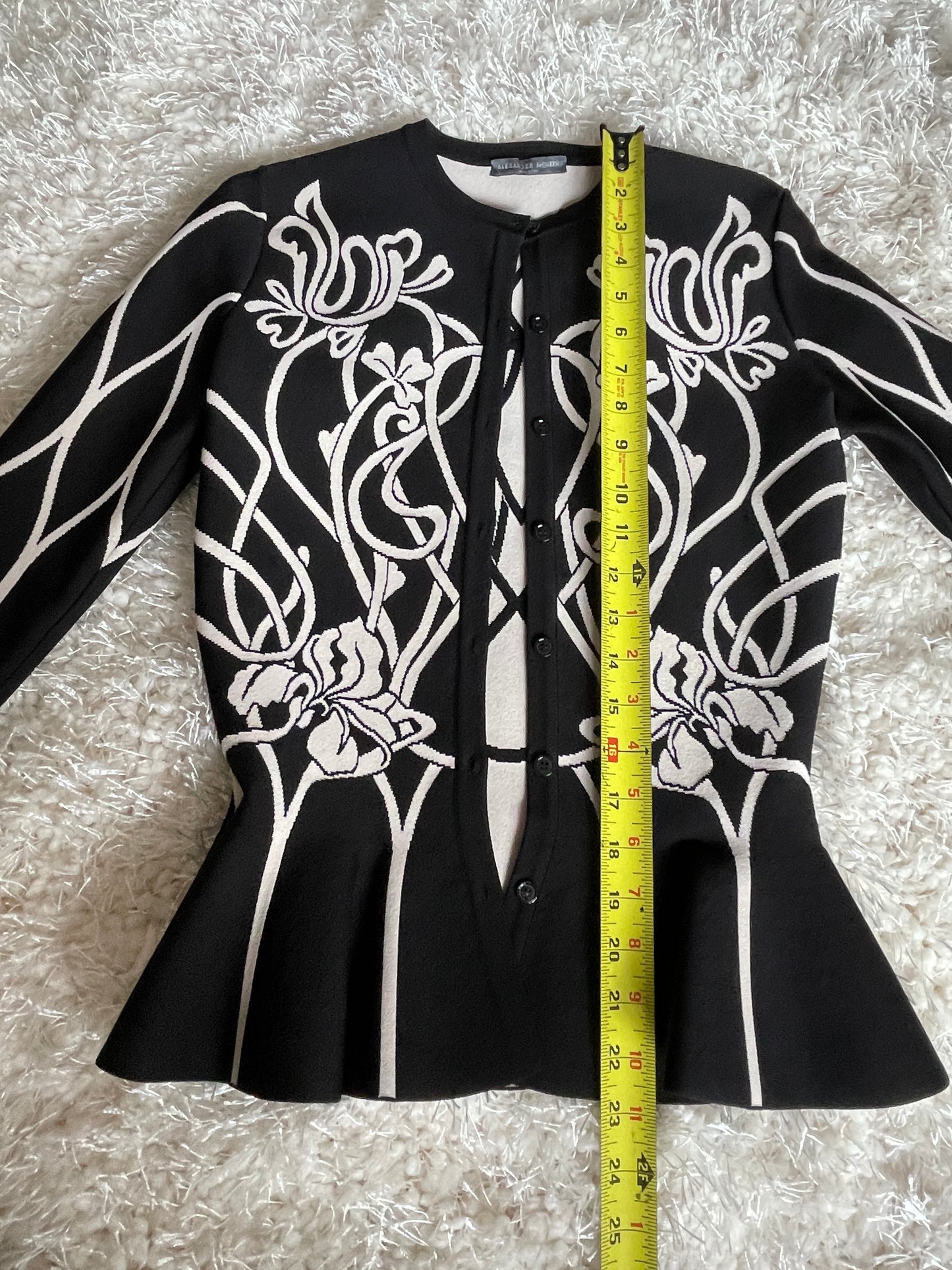 ALEXANDER MCQUEEN Black & White Floral Peplum Cardigan, Size Small