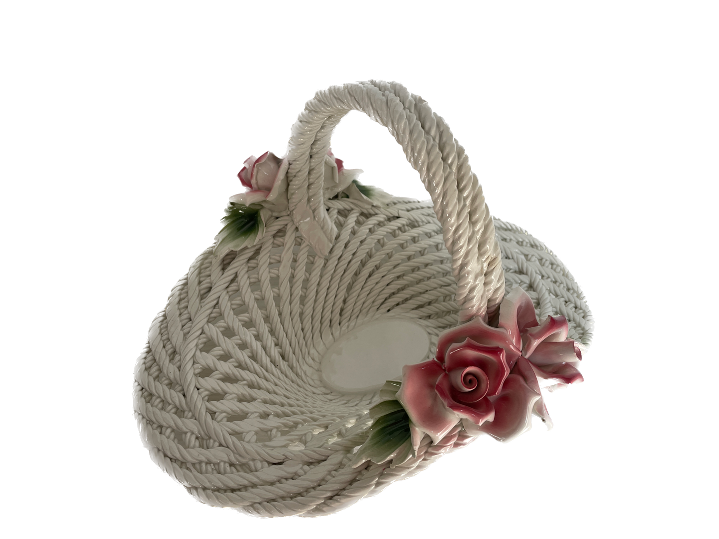 Porcelain Floral Motif Woven Basket Centerpiece with Pink Roses & Green Leaves