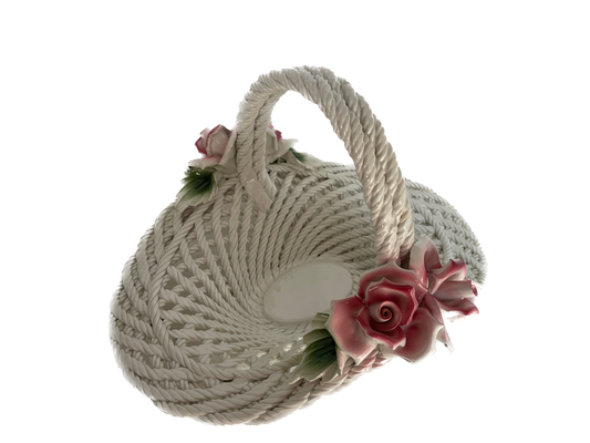 Porcelain Floral Motif Woven Basket Centerpiece with Pink Roses & Green Leaves