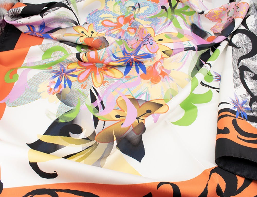 100% Pure Silk Orange Black Floral Scarf