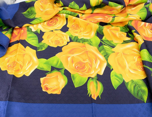 100% Pure Silk Yellow Roses with Blue Border Scarf