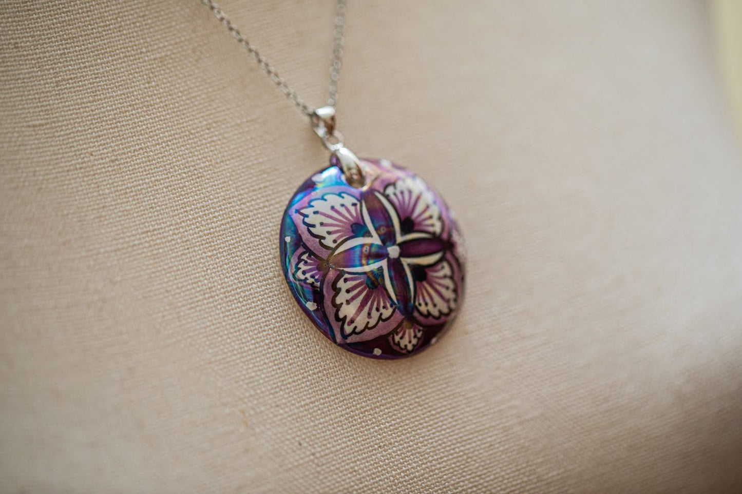 Silver with Purple Flower Small Round Necklace
