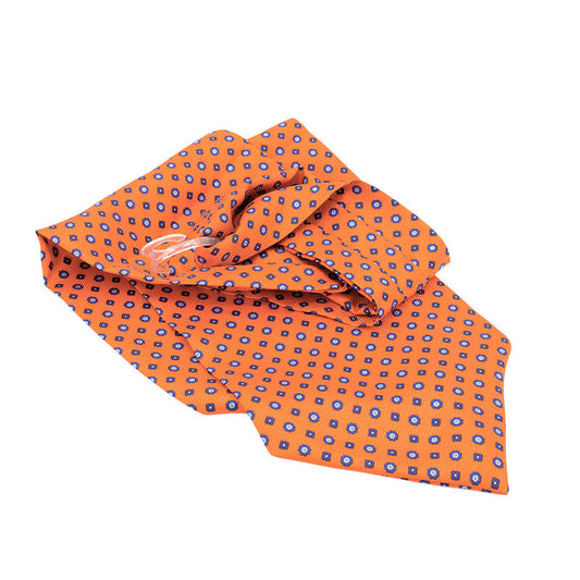 100% Silk Ascot Orange with Small Navy Blue and White Polka Dots and Squares