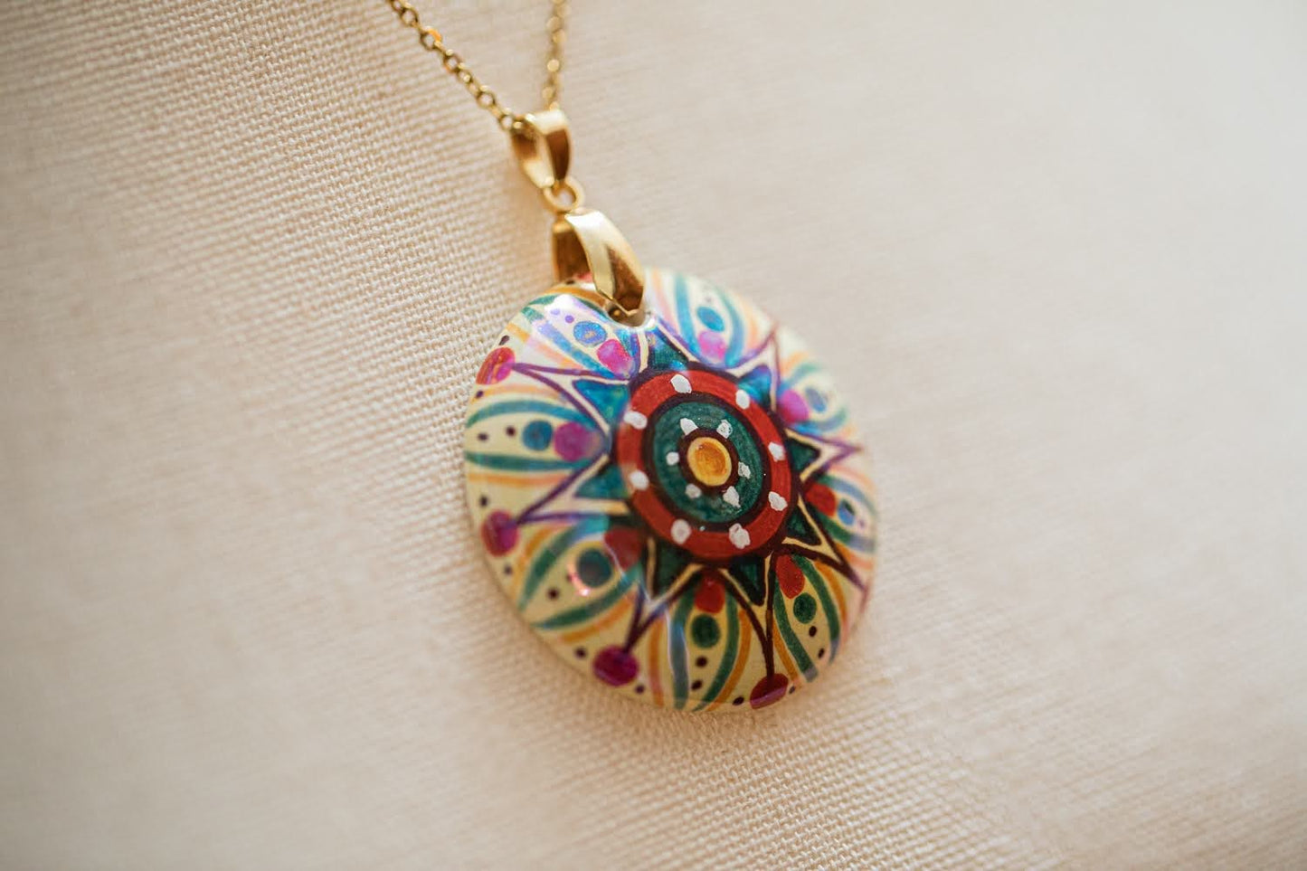 Red and Green with Gold Starburst Small Round Necklace