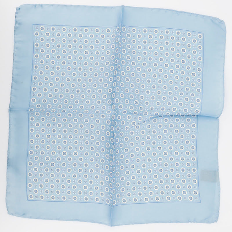 100% Silk Light Blue and White Circles Pocket Square 13x13 inches