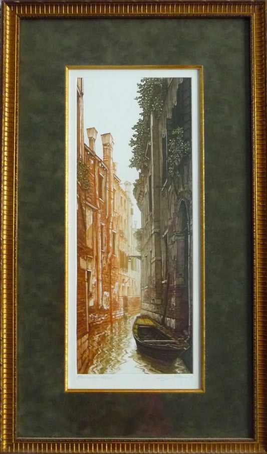 Venice, Italy, Venetian Houses and Boat on Small Canal, Framed
