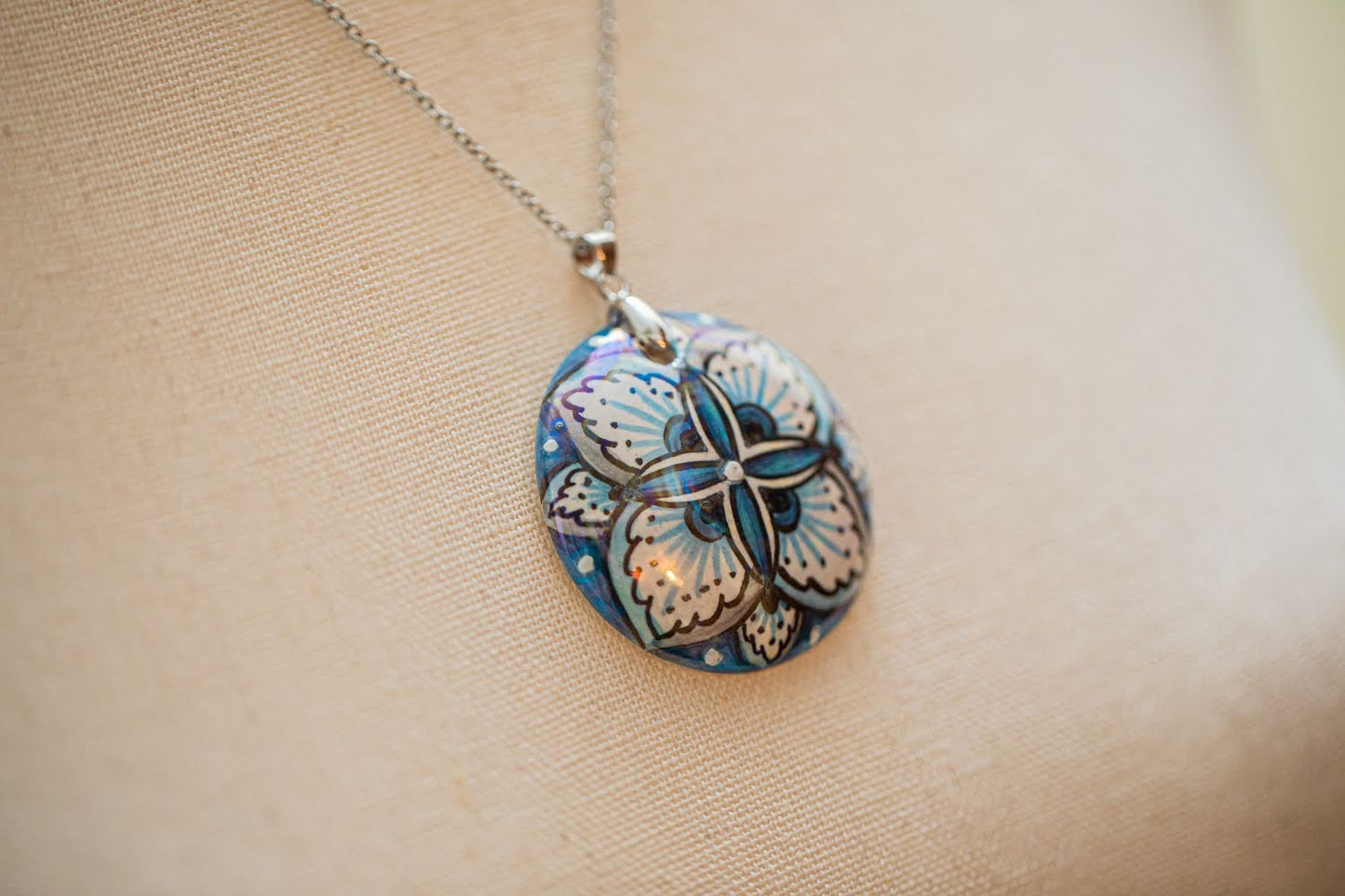 Silver with Blue Flower Small Round Necklace