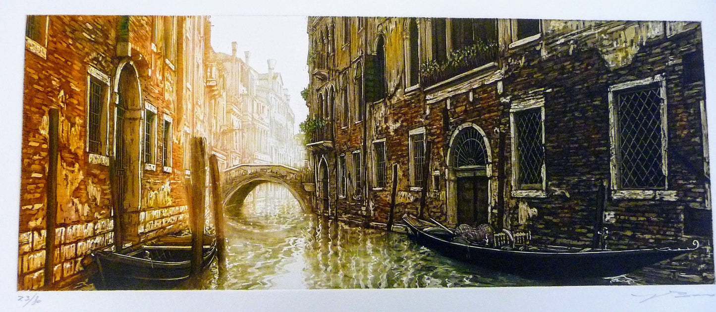 Venice, Italy, Venetian Houses with Balconies and Boats on Canal with Bridge