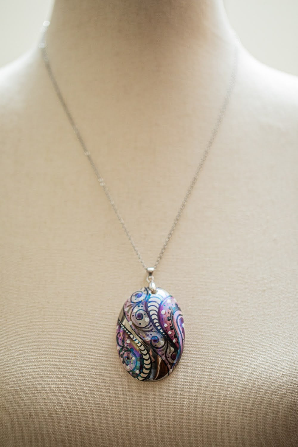 Silver with Purple Swirl Large Oval Necklace