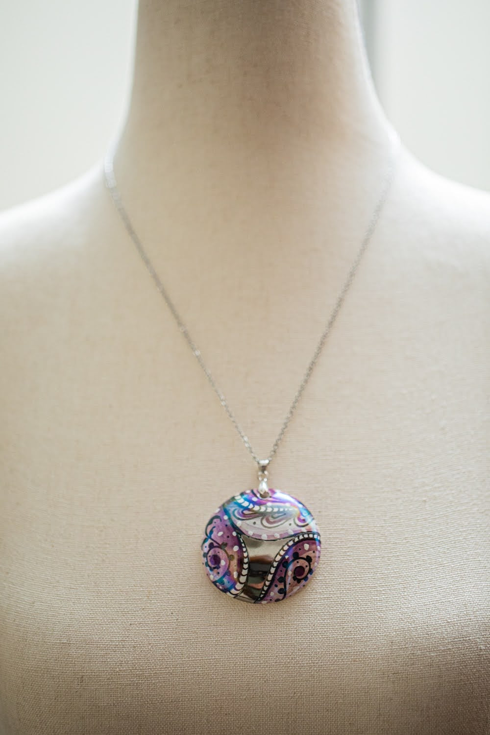 Silver with Purple Swirl Large Round Necklace