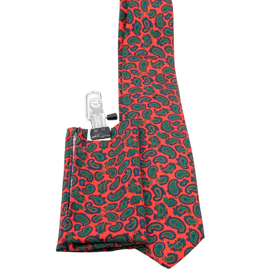 100% Silk Tie with matching pocket square Red Green Paisley