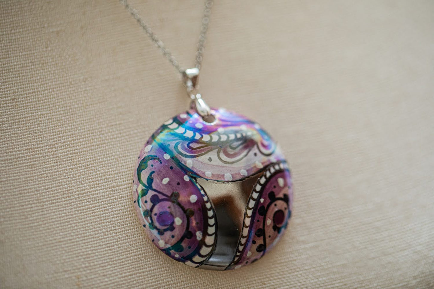 Silver with Purple Swirl Large Round Necklace