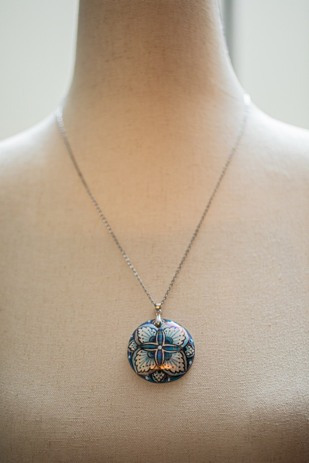 Silver with Blue Flower Small Round Necklace