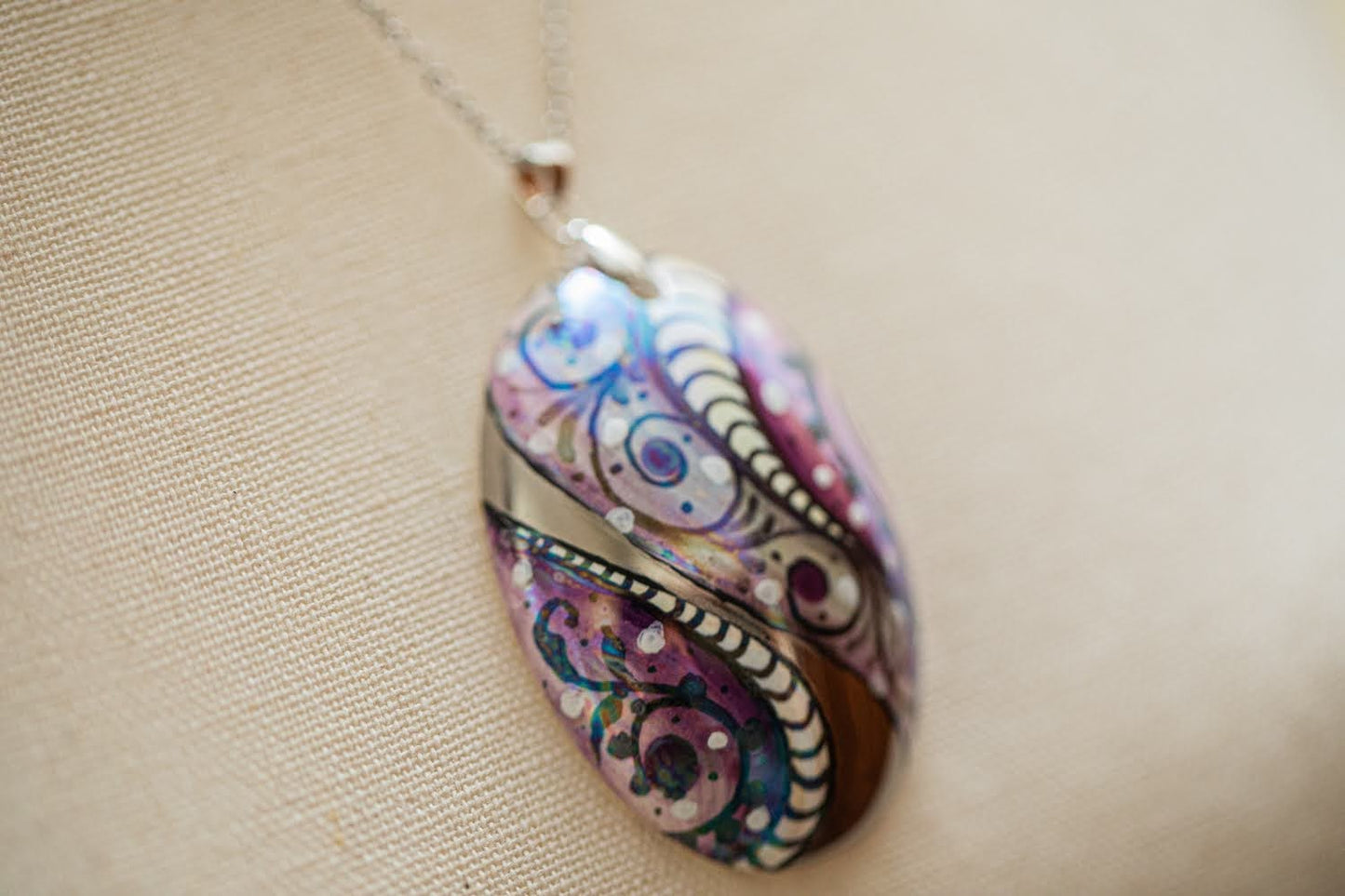 Silver with Purple Swirl Large Oval Necklace