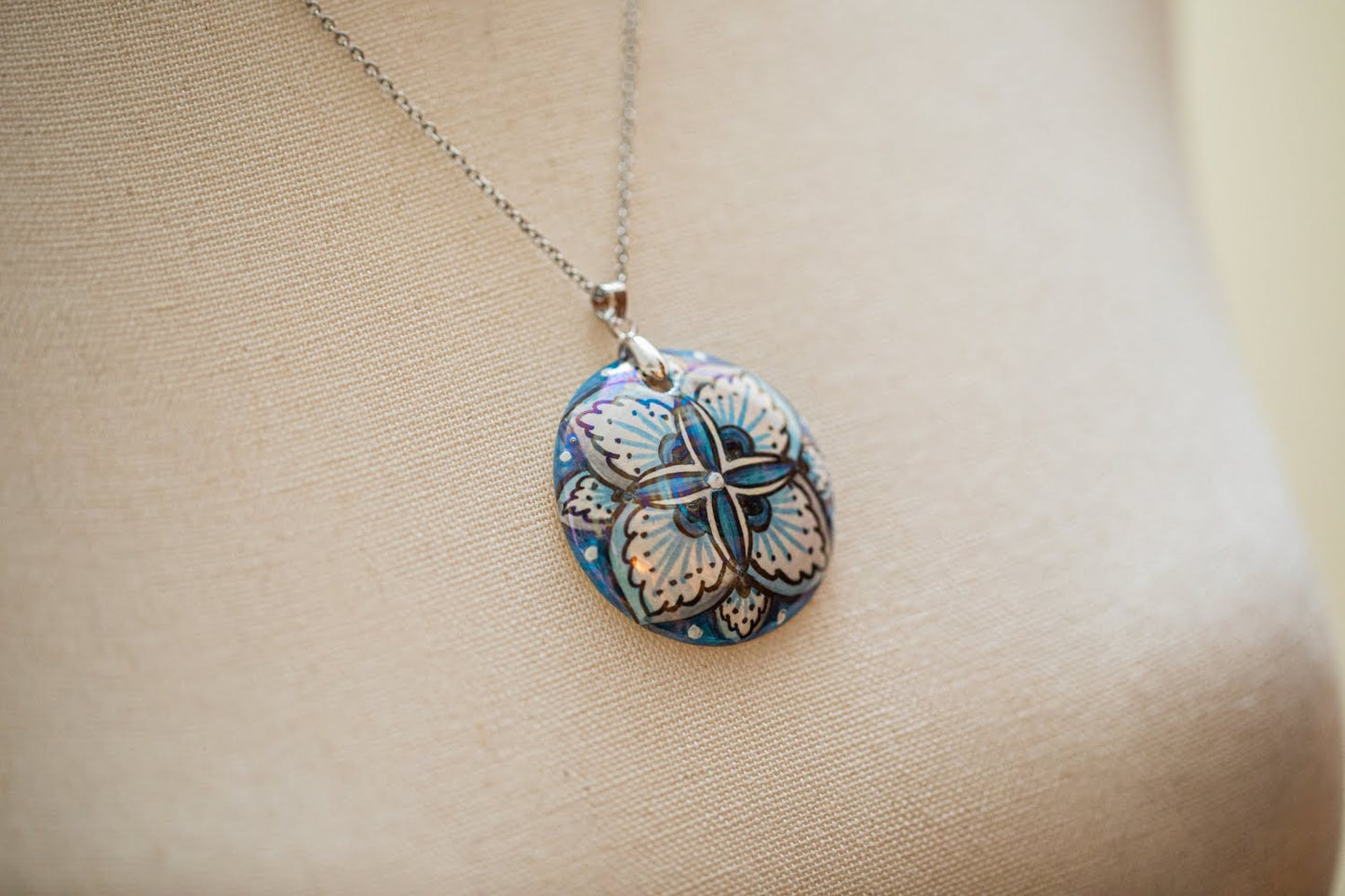Silver with Blue Flower Small Round Necklace