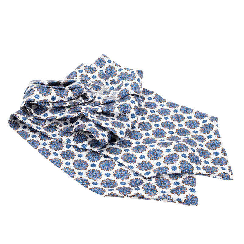 100% Silk Ascot White with Small Blue Flowers