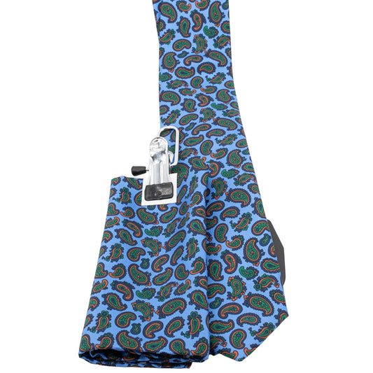 100% Silk Tie with matching pocket square Blue Green Paisley