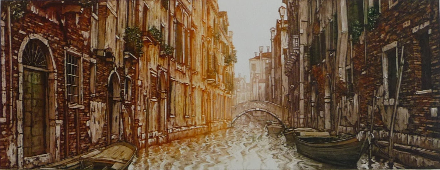 Venice, Italy, Venetian Houses with Balconies and Boats on Canal with Bridge