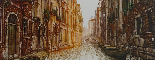 Venice, Italy, Venetian Houses with Balconies and Boats on Canal with Bridge