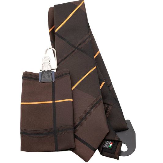 100% Silk Tie with matching pocket square Brown Orange Stripe