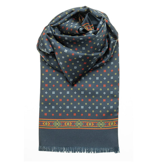 100% Silk Dark Blue Flowers and Squares Design Tubular Scarf